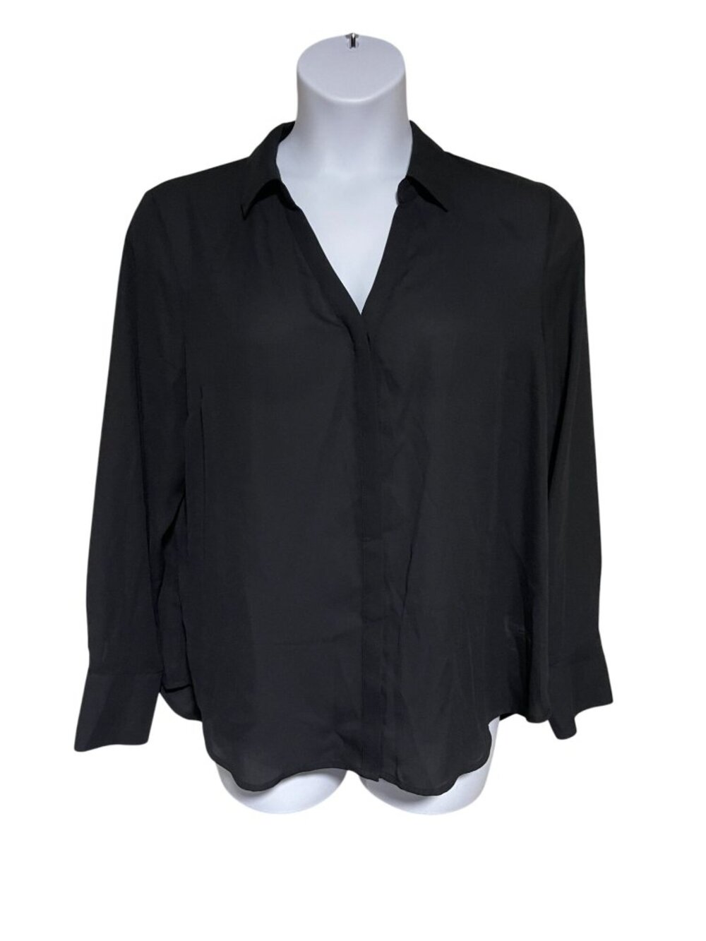 Liz Claiborne Womens Black Long Sleeve Button Front Blouse XL Sheer Lightweight